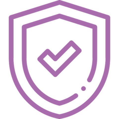 A purple line-art icon of a shield with a checkmark in the center.