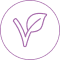 A purple outline icon of a stylized plant with a V-shaped stem and a leaf, inside a circle.