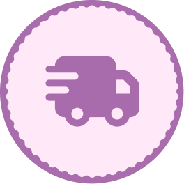 A purple icon of a delivery truck in motion, inside a circular, scalloped border.