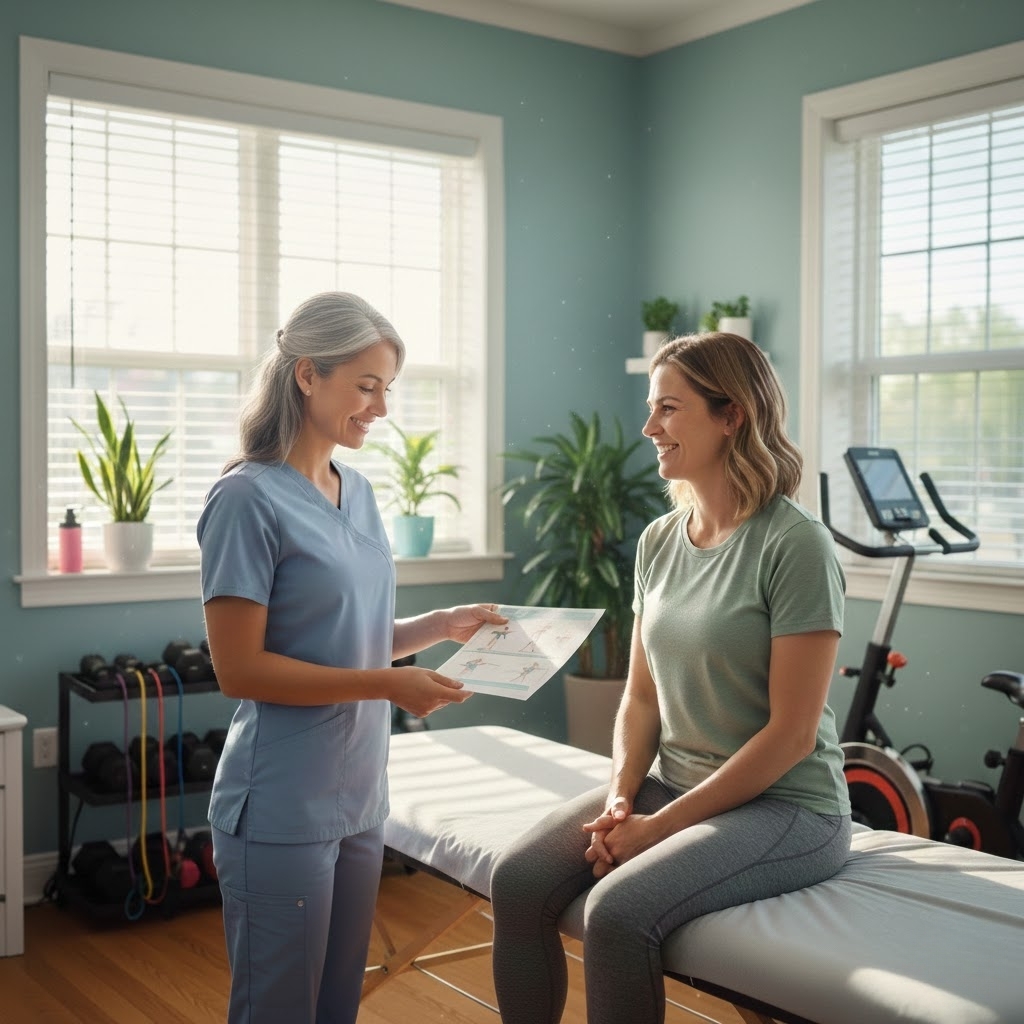 A physical therapist shows an exercise chart to a patient sitting on an examination table in a clinic.