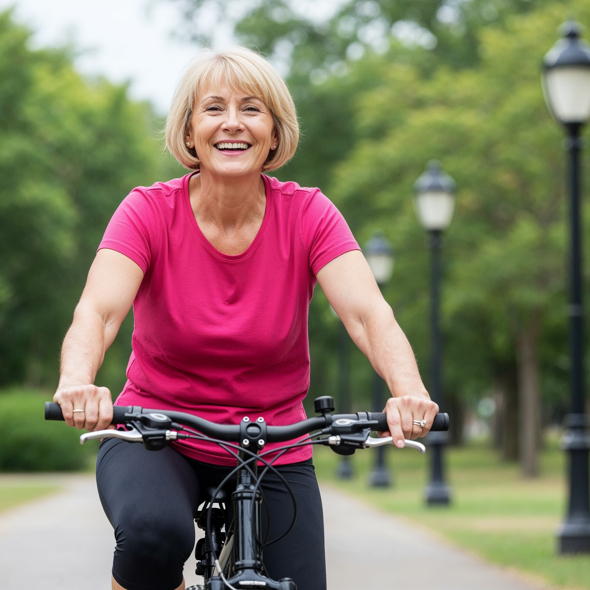 Smiling person riding a bicycle on a tree-lined path.