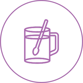 A purple line icon of a glass mug with a stirring spoon inside a circle.