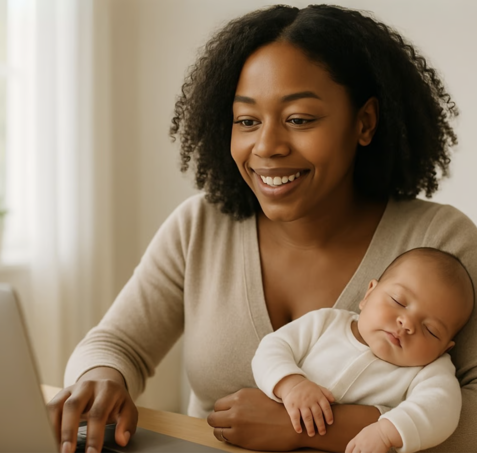 Smiling woman working on a laptop with a sleeping baby in her arms.