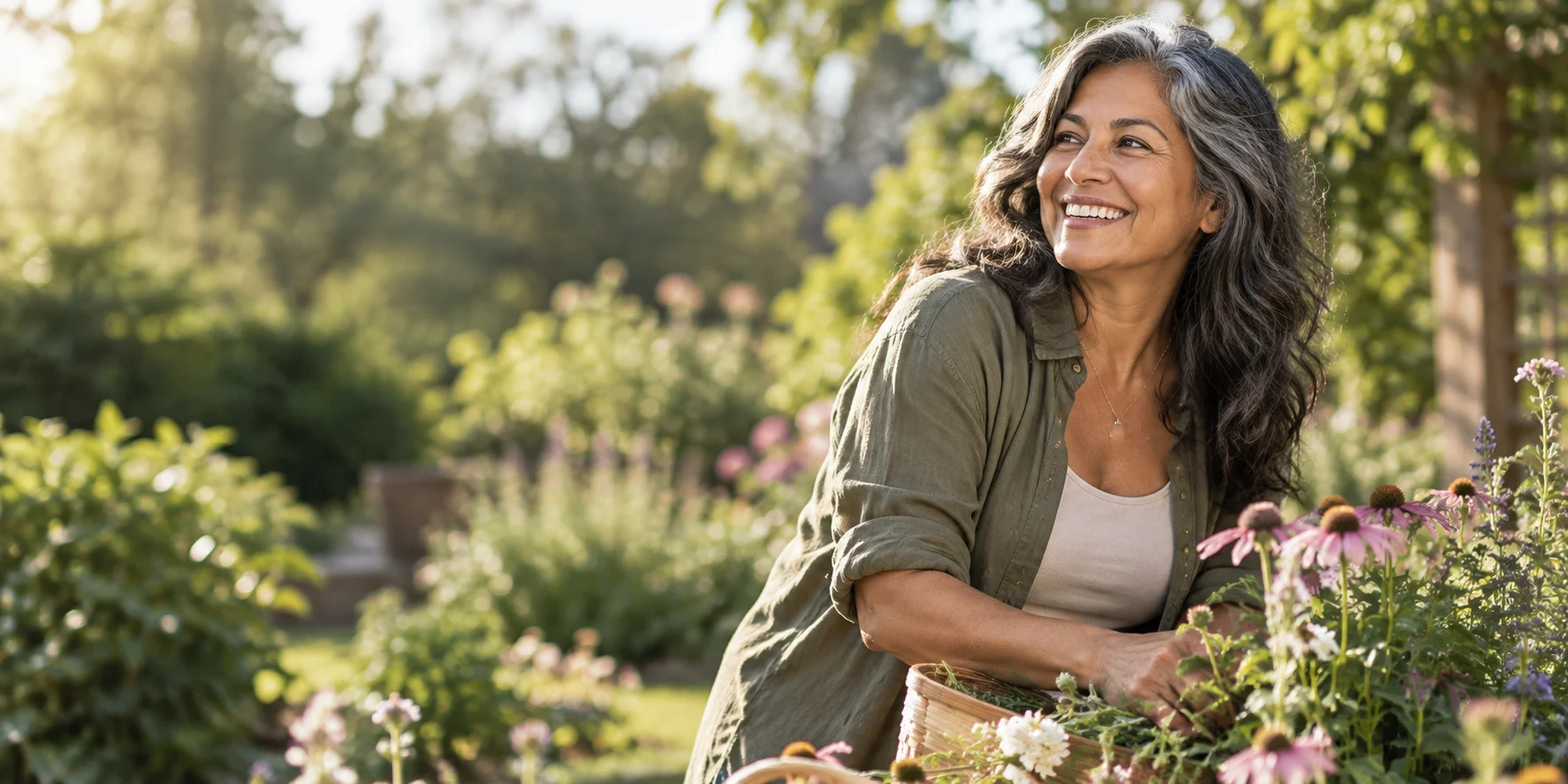 Smiling woman with long grey-streaked hair tending flowers in a sunlit garden