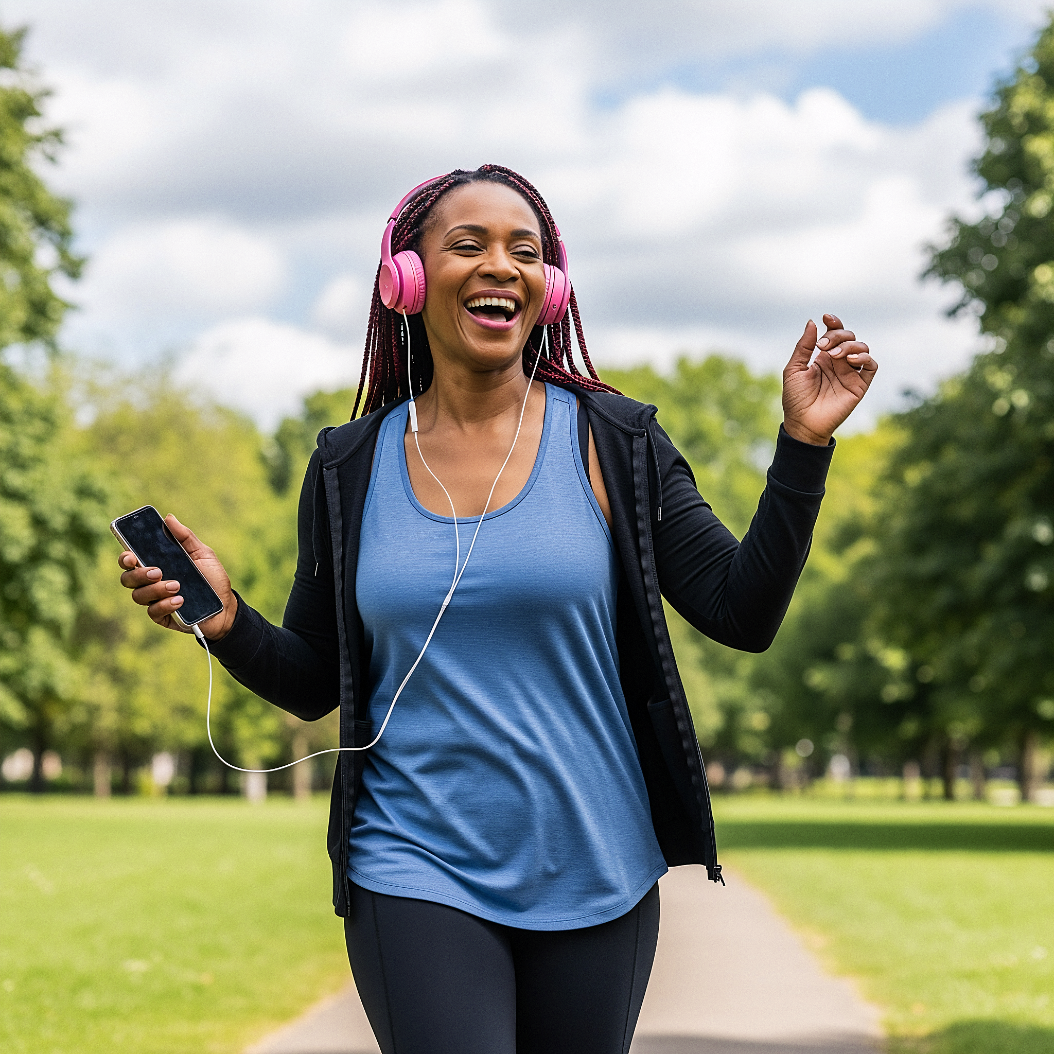 Woman jogging in park, wearing pink headphones and holding a phone.