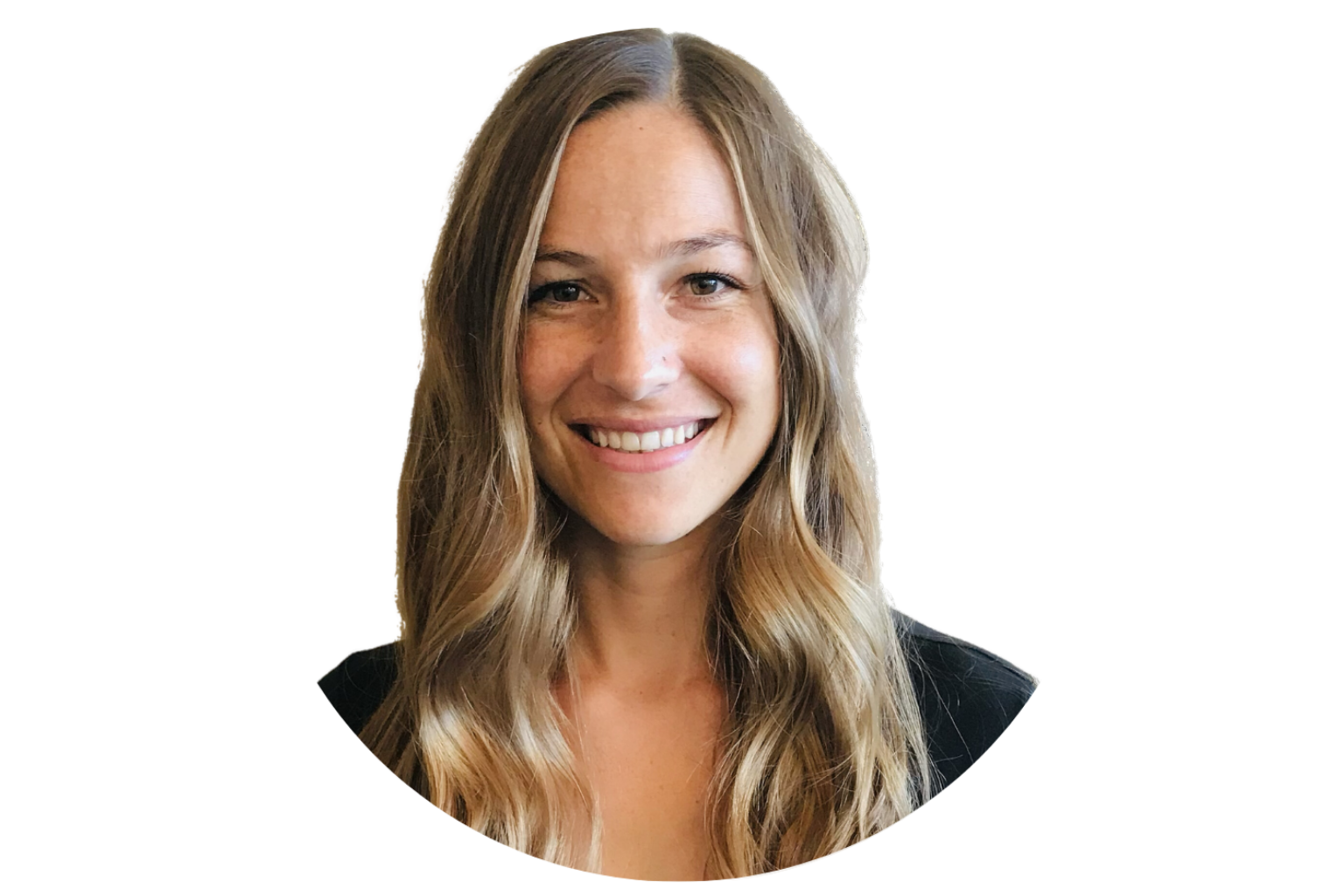 Smiling woman with long hair against a black background.