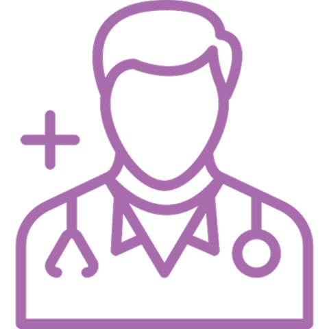 Purple line icon of a doctor with a stethoscope and a plus sign.