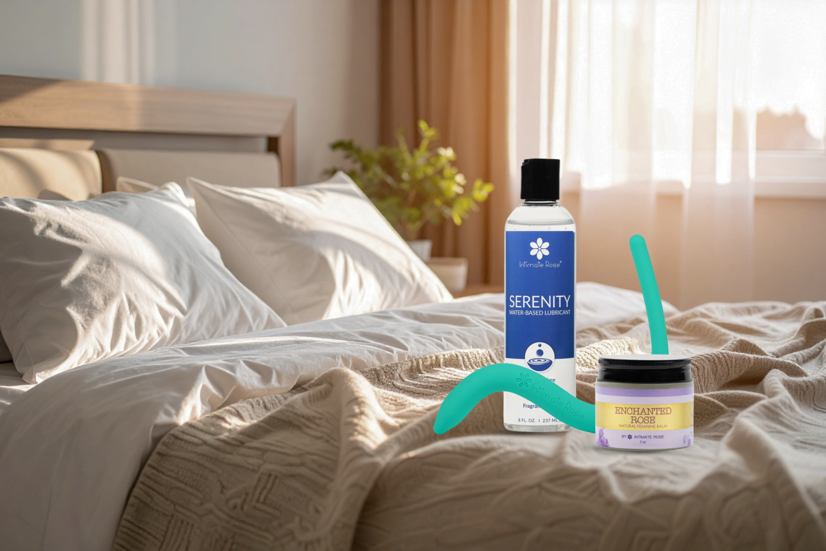 Intimate Rose lubricant, balm, and a pelvic wand displayed on a messy, sunlit bed.
