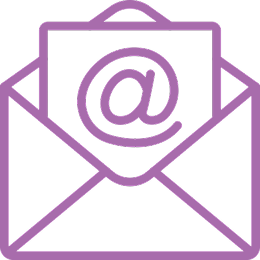 A purple line icon of an open envelope containing a letter with an at sign.
