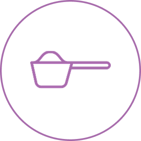 A purple line icon of a measuring scoop with powder inside a circle.
