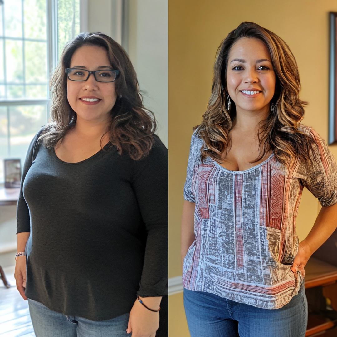 Two side-by-side photos of a woman indoors, wearing different outfits.