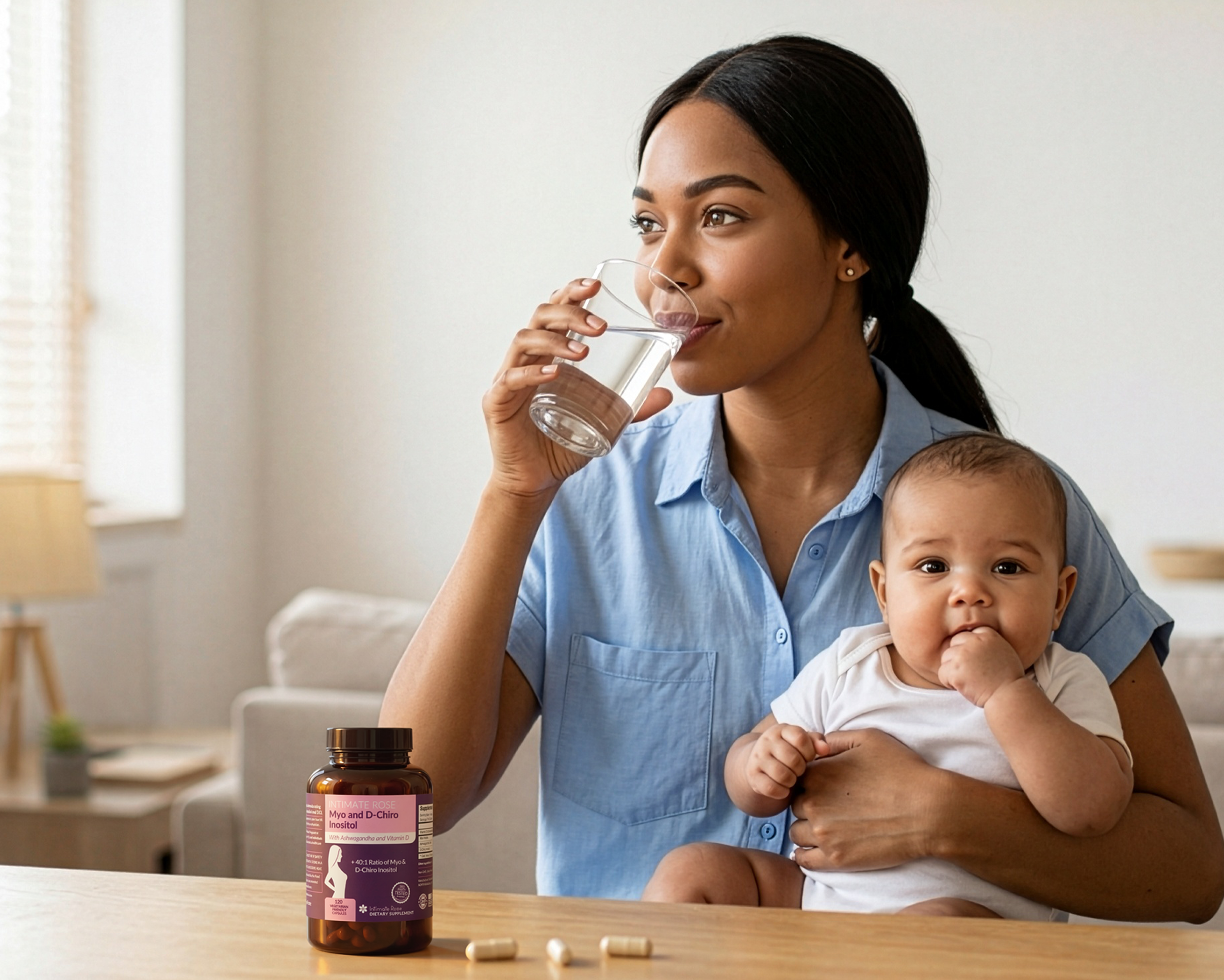 A woman holds a baby on her lap and drinks a glass of water, with supplements on the table.