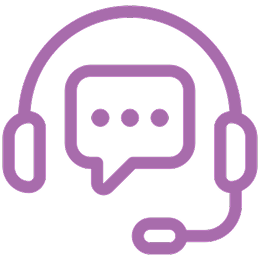 A purple icon of a headset with a microphone, overlaid with a speech bubble containing an ellipsis.