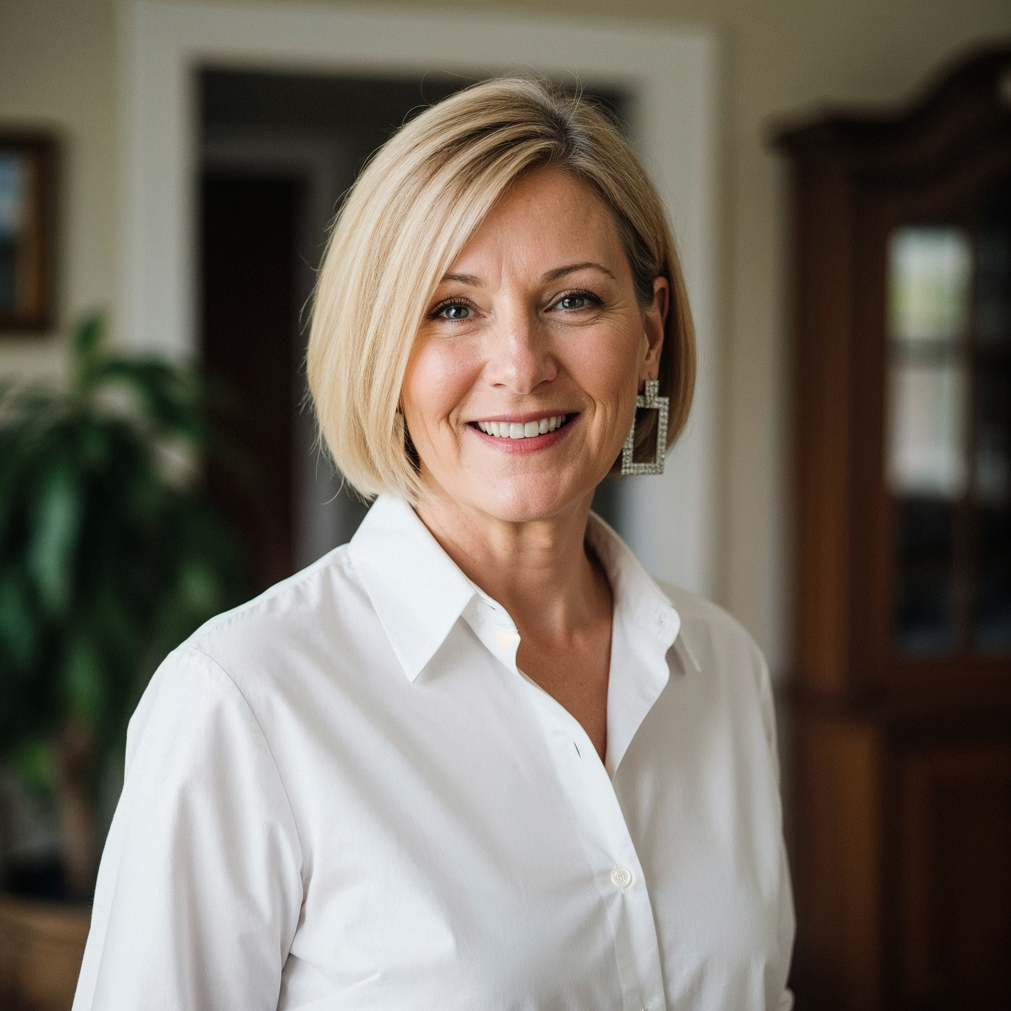 Smiling person with short blonde hair wearing a white shirt indoors.
