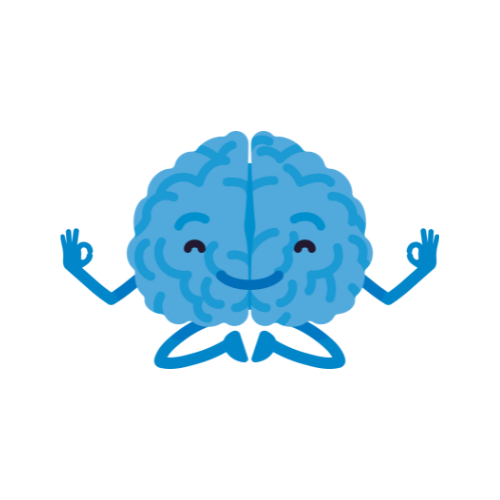 Smiling cartoon brain meditating with hands in 'okay' gesture.