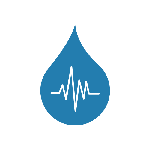 Blue water drop with a heartbeat line inside on white background.