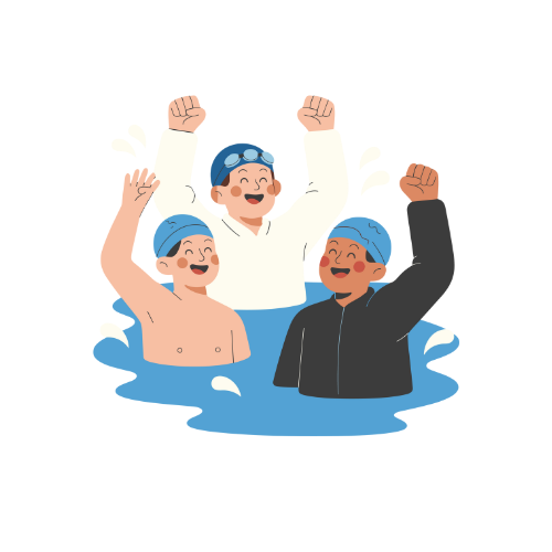 Three animated swimmers celebrating in the water, wearing swim caps and goggles.