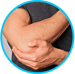 Person holding their elbow with one hand, wearing a dark shirt.