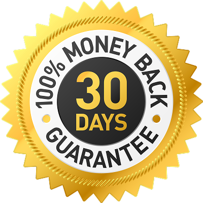 Gold seal with '30 Days Money Back Guarantee' text.