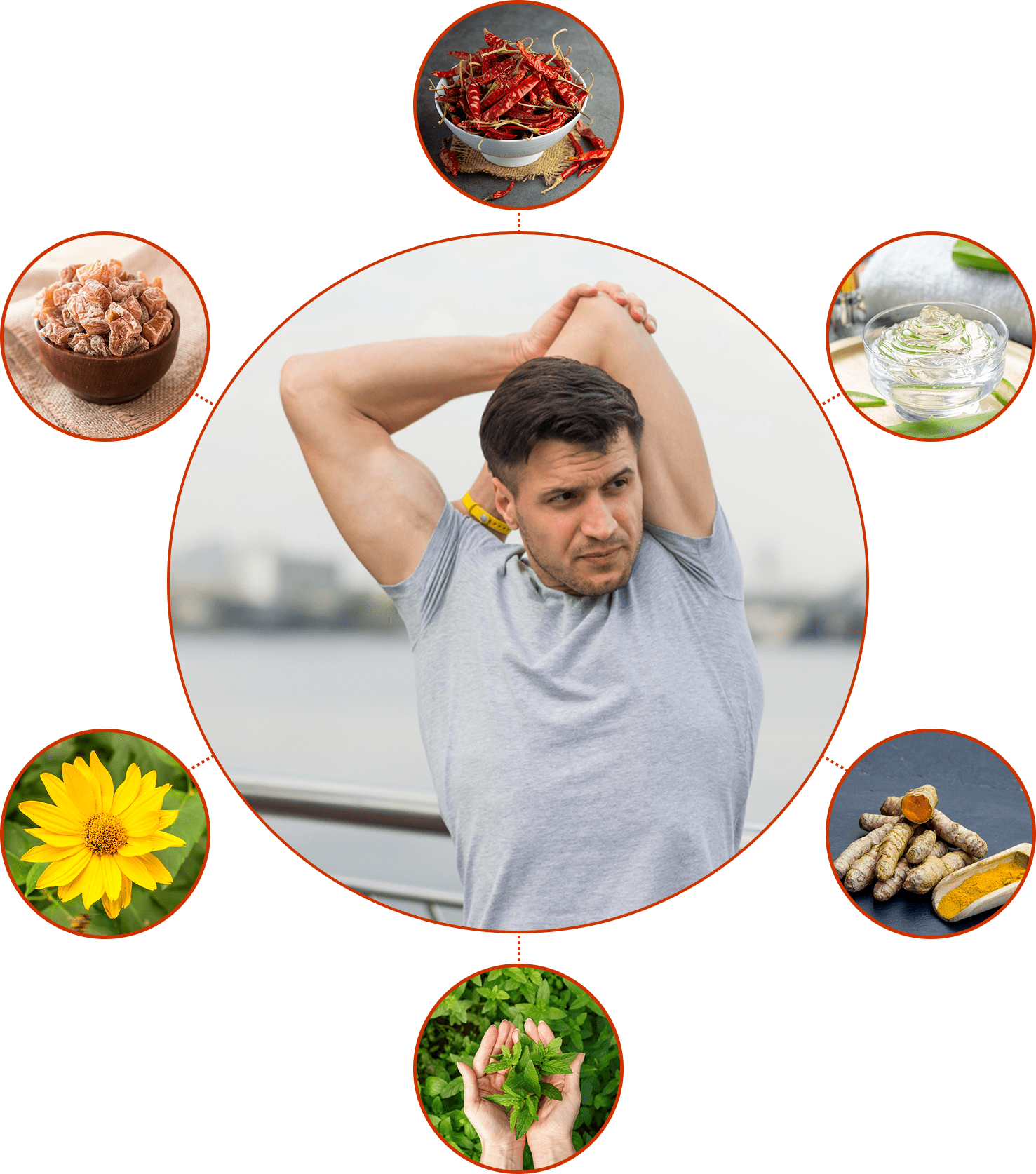 Man stretching with images of herbs and spices around him.
