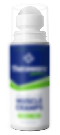 A roll-on bottle labeled 'Muscle Cramp' with a blue and green design.