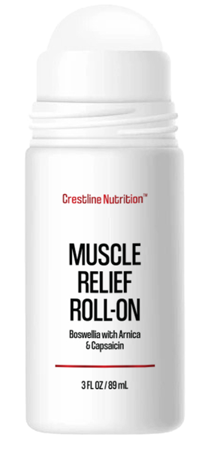 White roll-on bottle labeled 'Muscle Relief Roll-On' with ingredients listed.