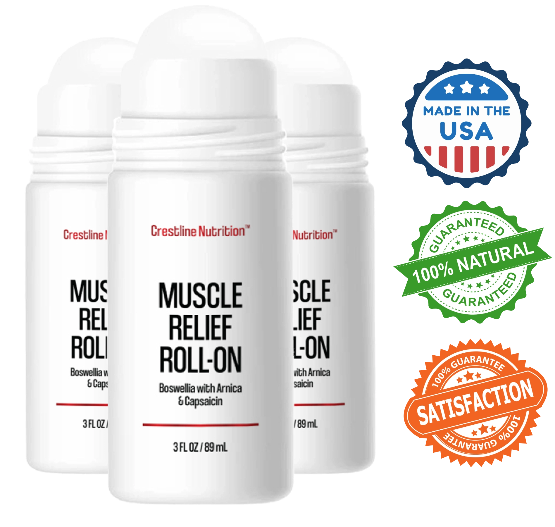 Three muscle relief roll-on bottles with guarantee badges.