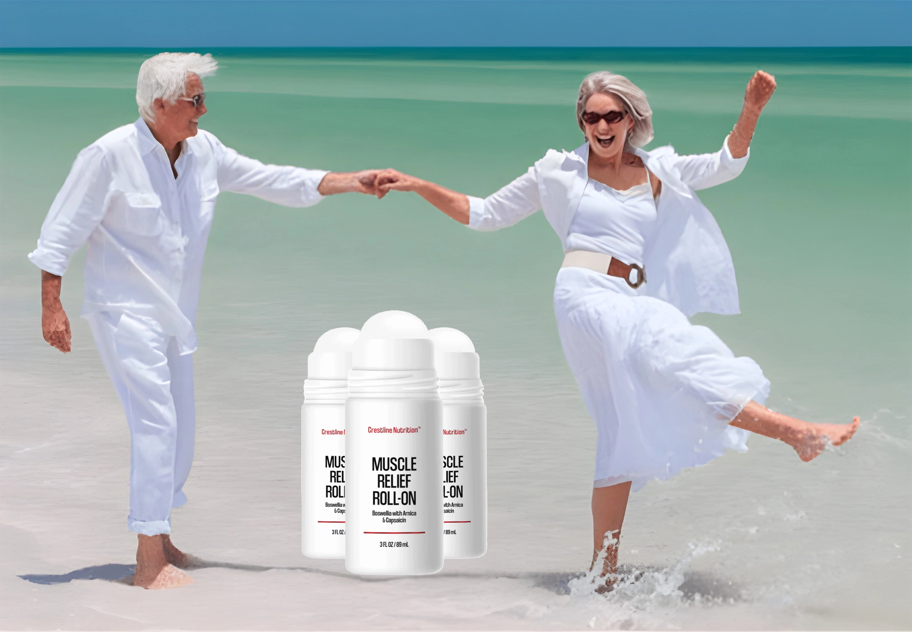 Elderly couple in white clothes dancing on a beach with muscle relief roll-on bottles.