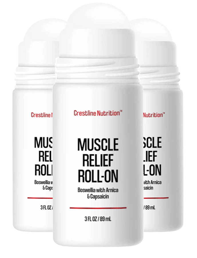 Three bottles of muscle relief roll-on with white caps.