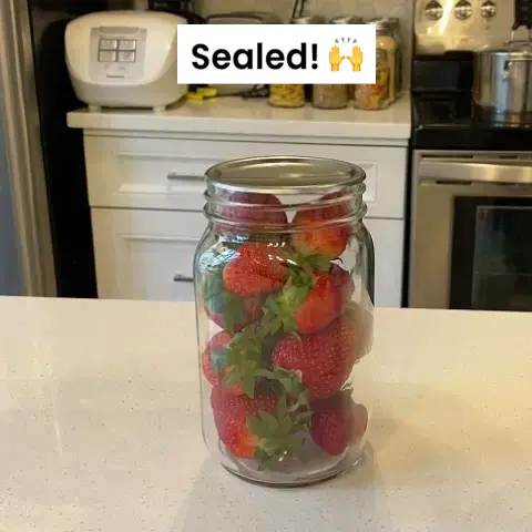 A jar filled with fresh strawberries on a kitchen counter.