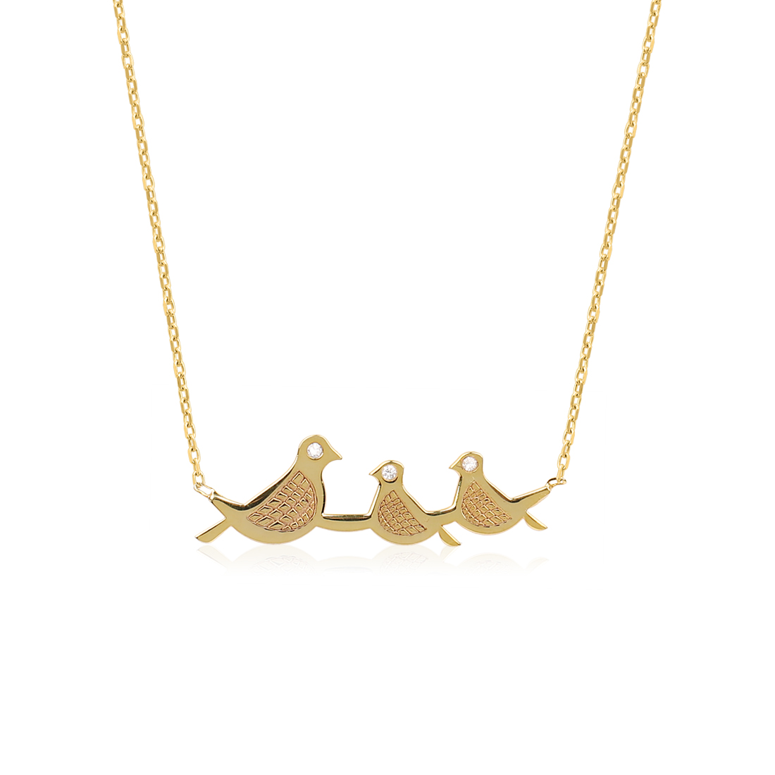 Gold necklace with three bird-shaped pendants on a chain.
