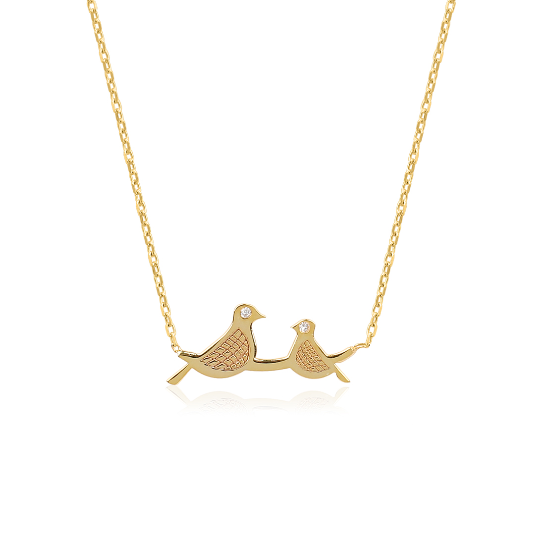 Gold necklace with two bird-shaped pendants facing each other.