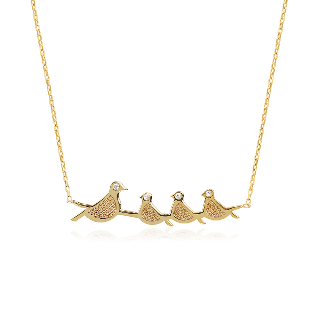 Gold necklace with bird-shaped pendants on a chain.