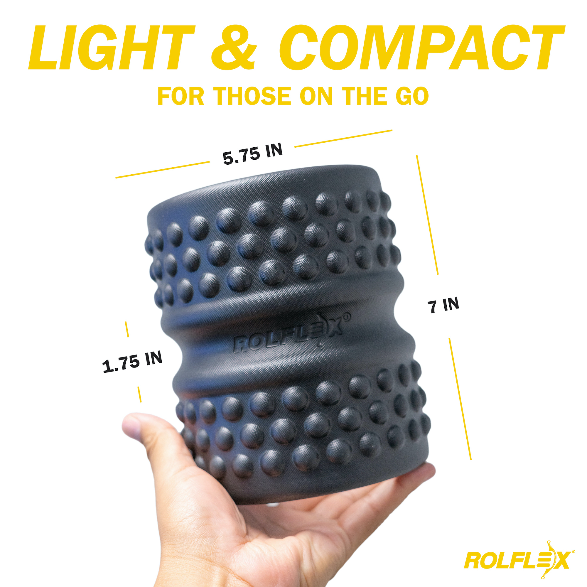 A hand holding a black, textured Rolflex roller with text overlay showing its dimensions.