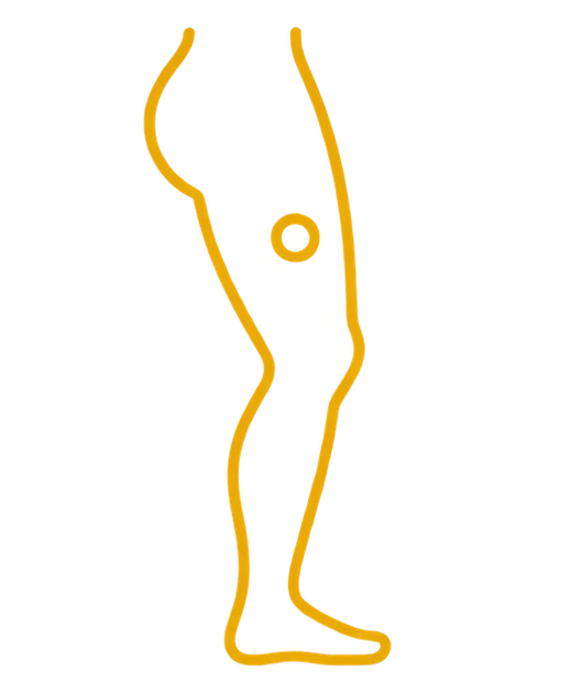 A yellow line drawing icon of a human leg with a circle on the back of the thigh.