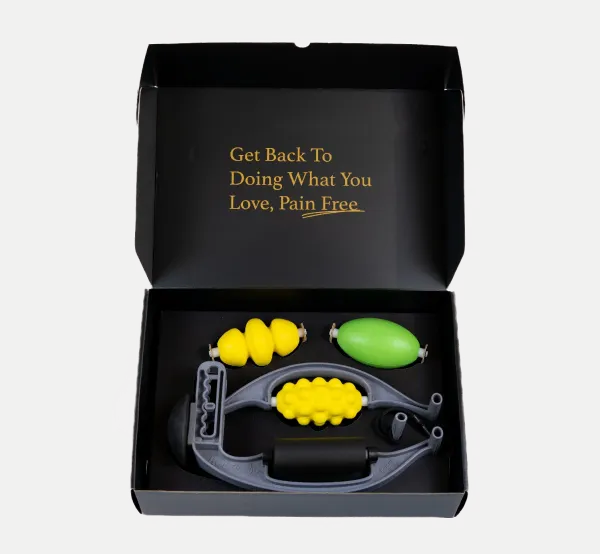 Open box with massage tool and attachments, text reads 'Get Back To Doing What You Love, Pain Free'.