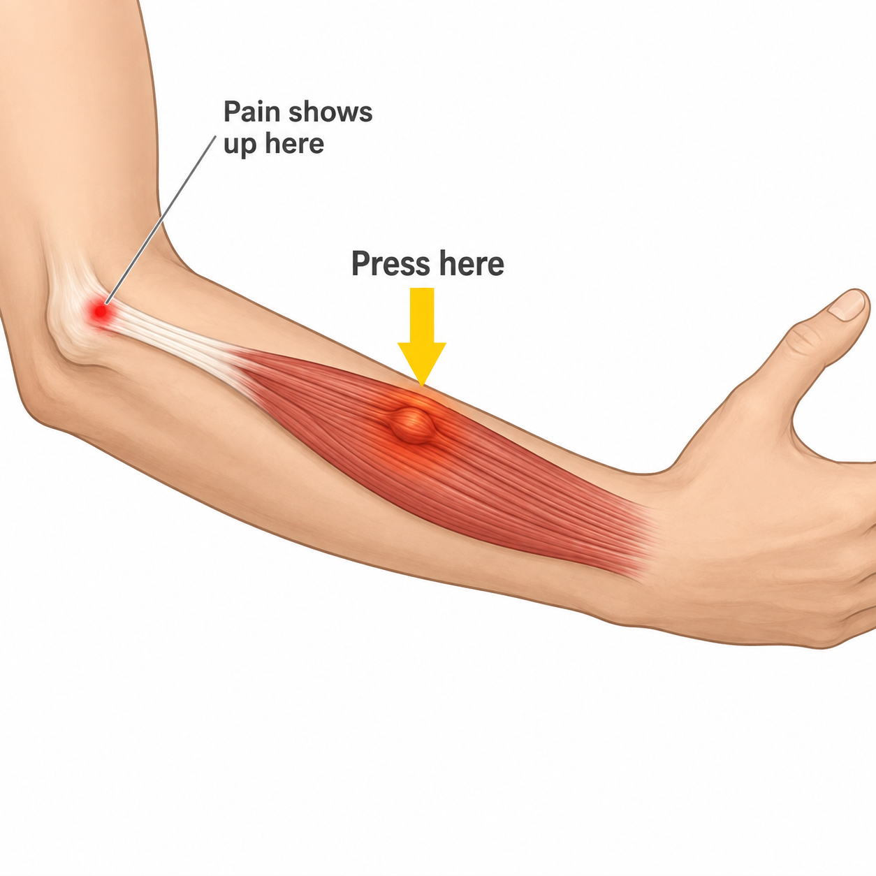Anatomical illustration showing how a trigger point in the forearm muscle can cause referred pain in the elbow.
