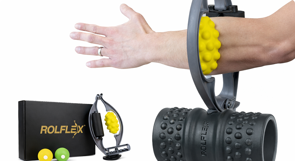 A person uses a Rolflex arm massager, with the product box and other massage tools displayed below.