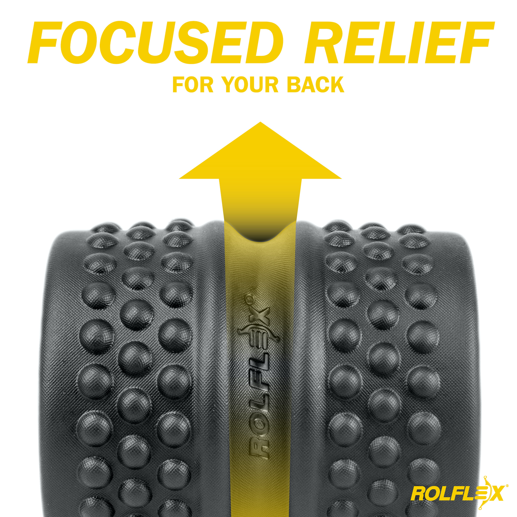 A close-up of a Rolflex back roller with text reading 'Focused Relief For Your Back'.