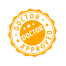 An orange, circular stamp that says 'Doctor Approved' with stars in the center.
