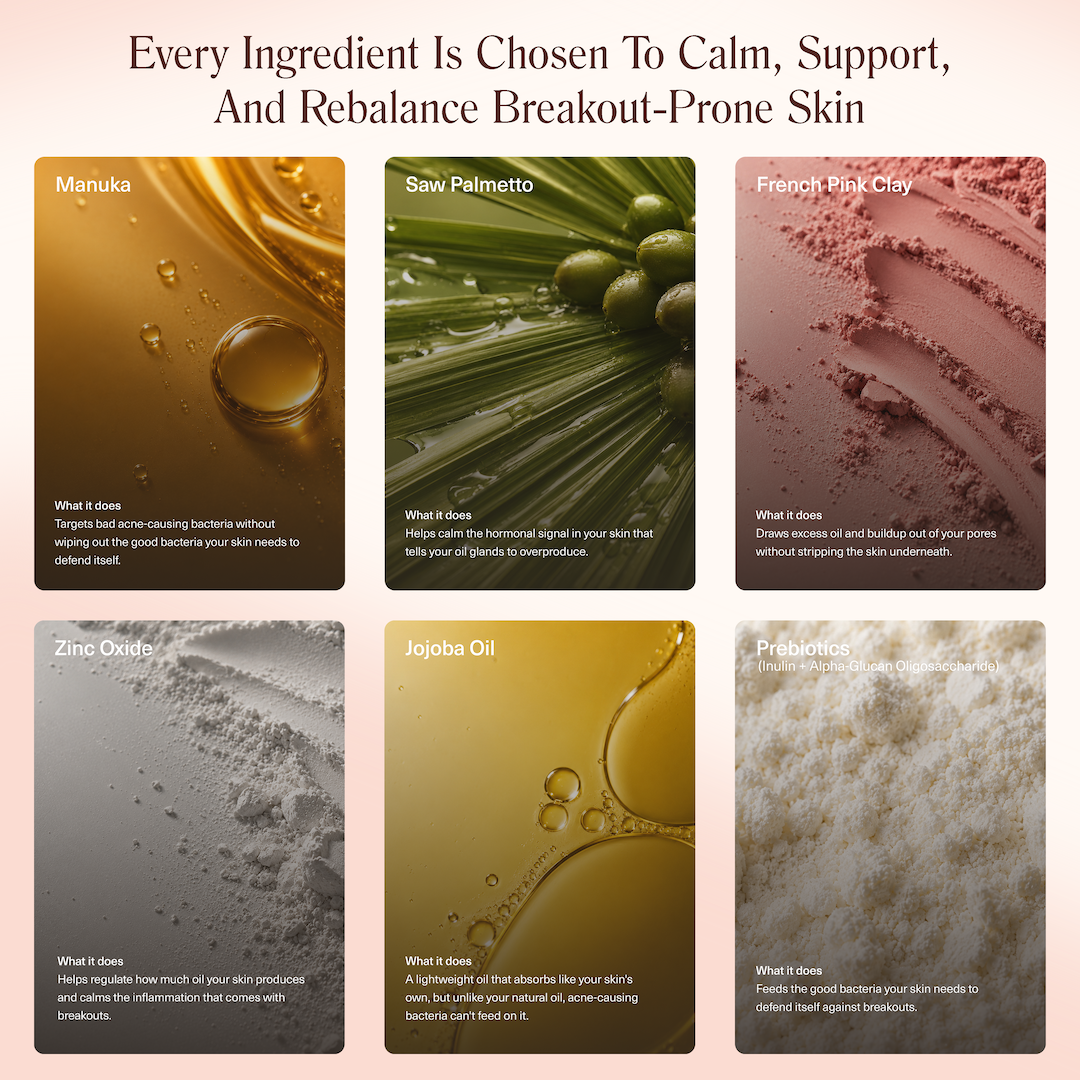 An infographic of six ingredients and their benefits for calming and rebalancing breakout-prone skin.