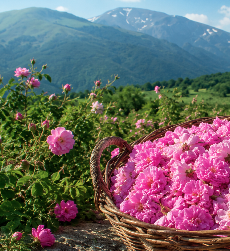 A wicker basket filled with pink roses sits in a field with green mountains in the background.