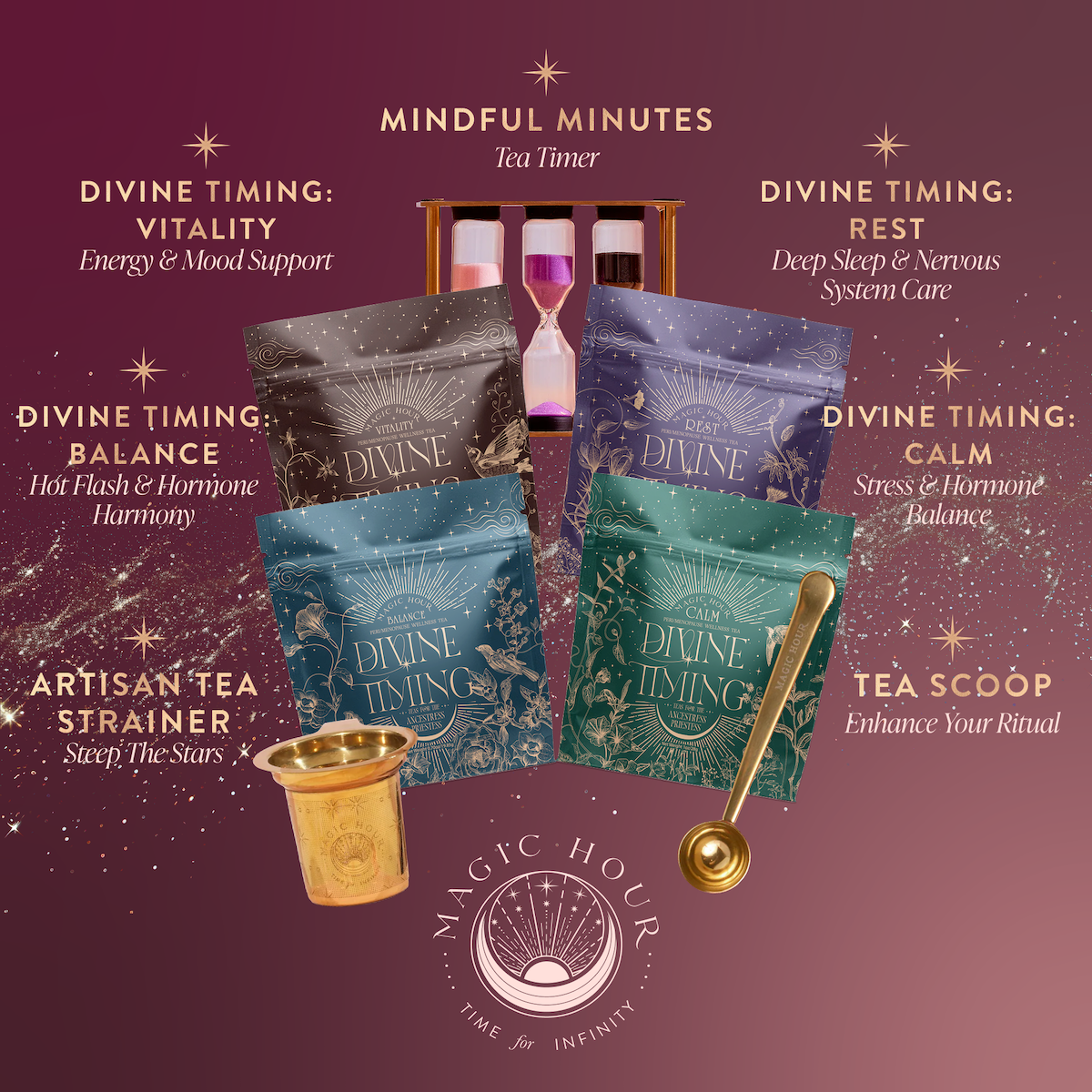 The Perimenopause/Menopause Support Tea Subscription features four vibrant tea packets, a gold strainer, a gold scoop, and an hourglass on a purple-to-burgundy background with sparkles and wellness labels like stress relief and hormonal balance.