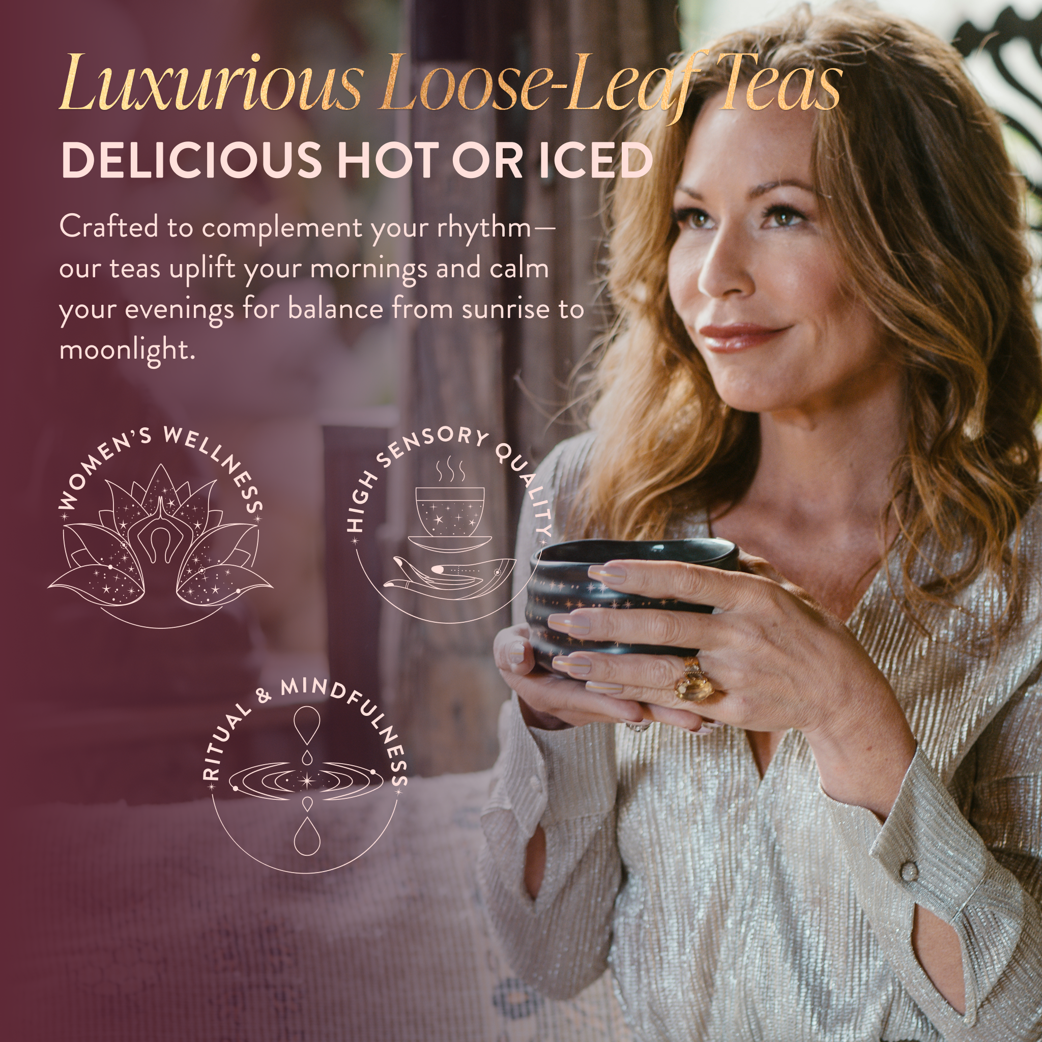 A woman enjoys a cup of Perimenopause/Menopause Support Tea Subscription, embracing stress relief and hormonal balance.