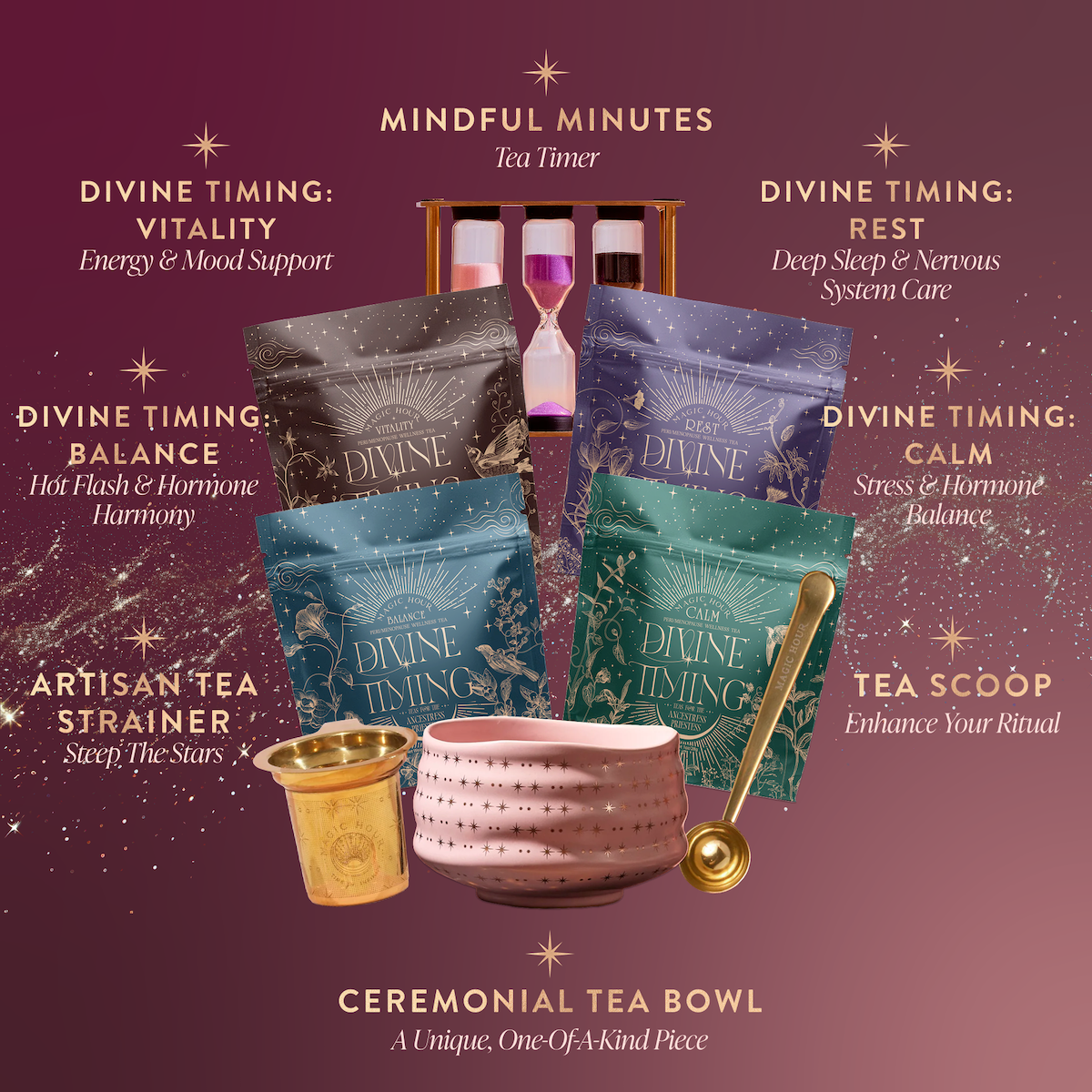 The Perimenopause/Menopause Support Tea Subscription features four colorful teas, a gold strainer and scoop, a pink speckled bowl, and an hourglass timer, all beautifully displayed against a pink gradient background with clear labels.