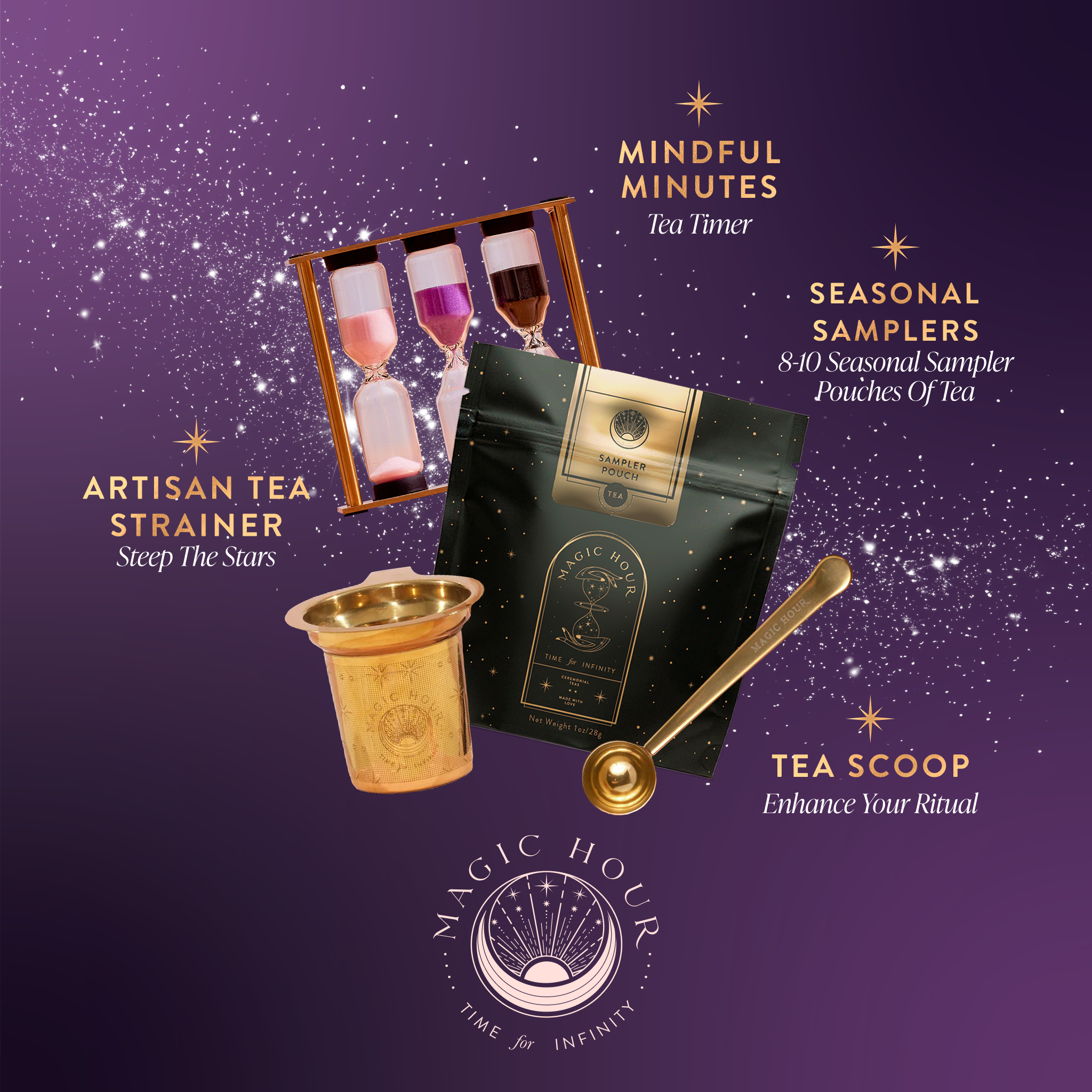 A purple starry graphic displays Magic Hour’s Seasonal Tea Club Subscription box with a tea timer, gold strainer, gold scoop, and a pouch of handpicked teas. Each item has a text label and 