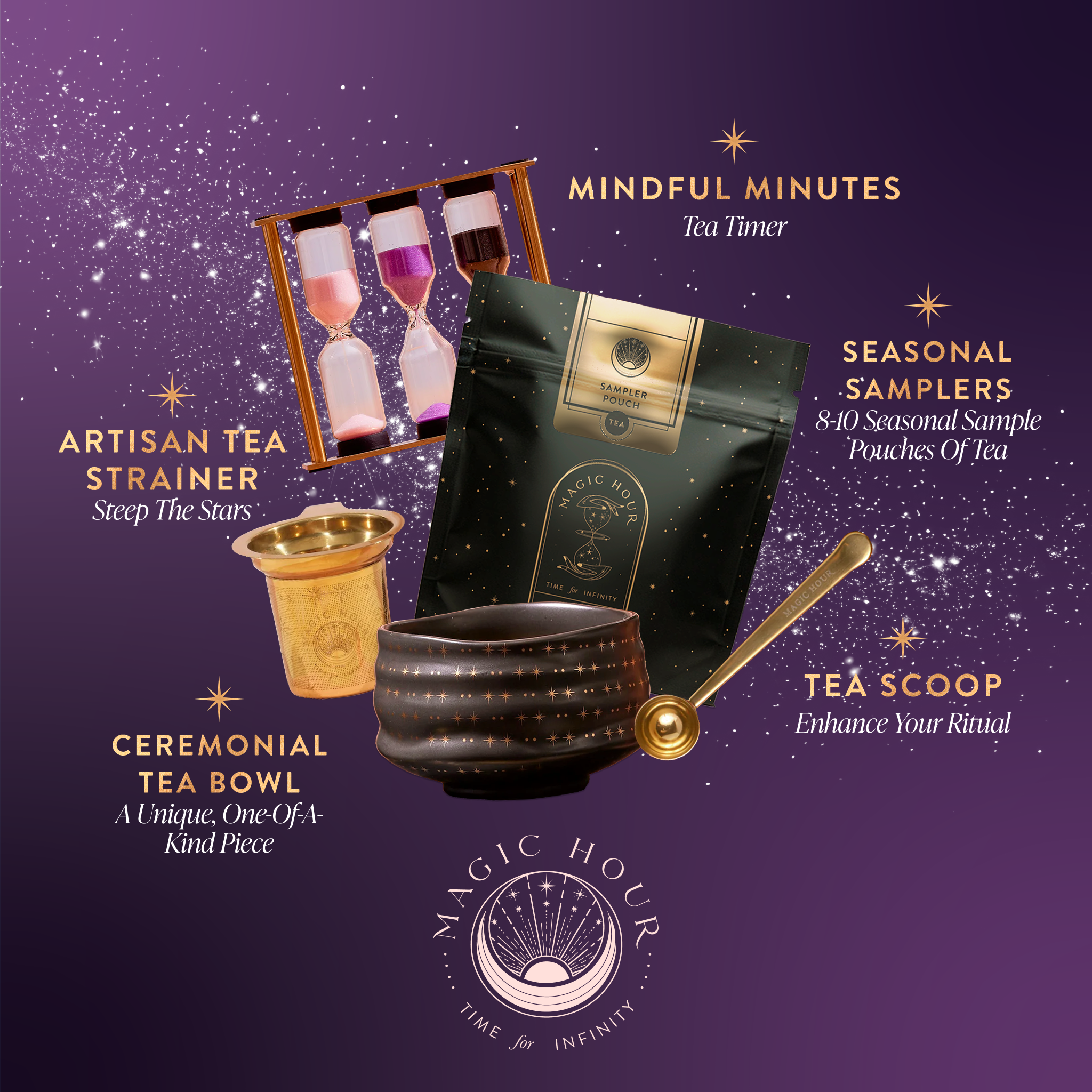 A celestial-themed display showcases the Seasonal Tea Club Subscription, featuring a tea sampler pouch, gold tea strainer, gold and black ceremonial tea bowl, gold scoop, and wooden timer—each labeled—set against a starry backdrop.