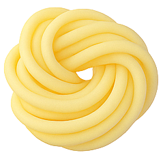 A yellow, twisted, doughnut-shaped object with a smooth texture.