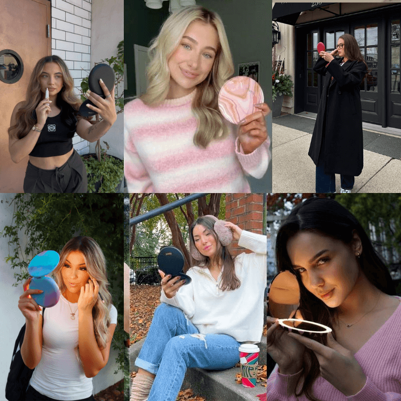 Collage of six people holding makeup mirrors in various settings.