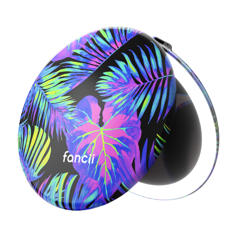 Compact mirror with colorful leaf pattern and LED light.